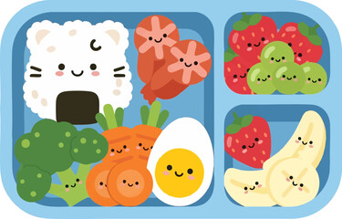 Fototapeta premium Cartoon Fruits and Vegetables in Tray.