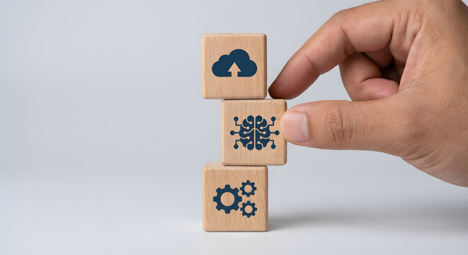 person hand stacking wooden cubes with cloud storage artificial intelligence brain and gear settings icons representing digital transformation automated technology and data processing - Powered by Adobe
