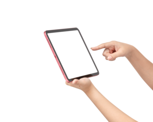 Close up of hands holding a pink digital tablet in horizontal orientation and using a stylus pen on blank white screen isolated on white background. Concept for online learning, digital drawing, and c
