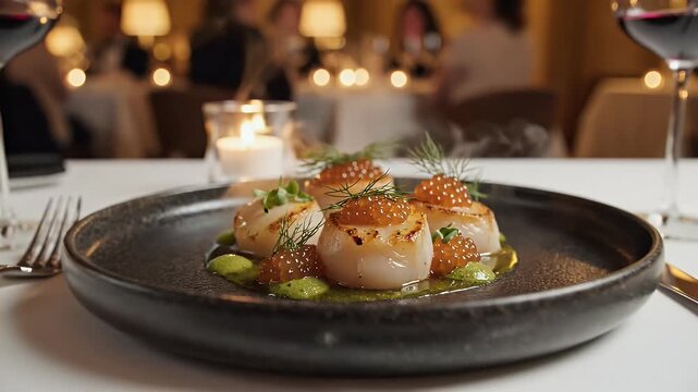 Gourmet dish presentation scallops with caviar on dark plate close up