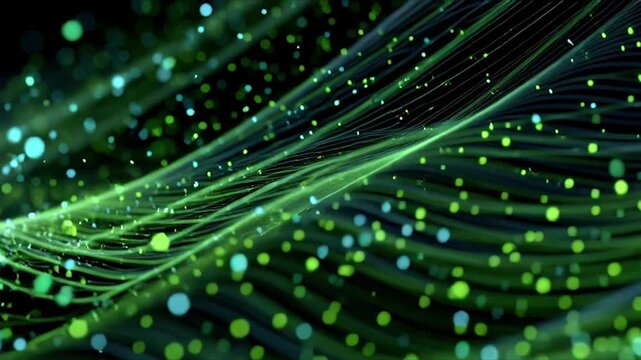 Abstract Green Energy Flowing Particles and Light Streaks.