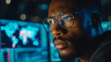Focused IT professional analyzing global data on multiple computer monitors at night