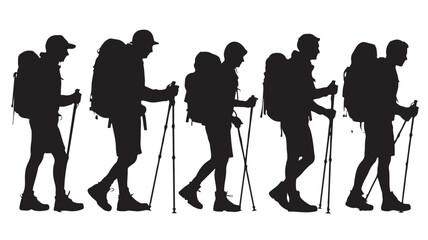 Hikers with Backpacks and Trekking Poles in Active Adventure Style with Black and White Monochromatic Isolated Vector Illustration for Outdoor Travel and Progress Representation