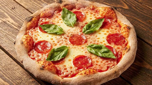 A hot pepperoni and basil pizza with melted cheese on a rustic wooden table showing a steamy slightly charred crust