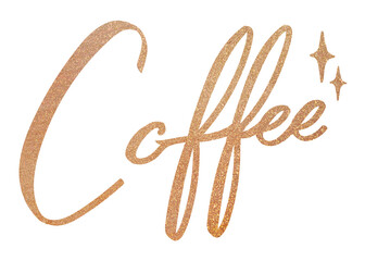 Obraz premium Coffee png word, gold glittery calligraphy, digital sticker with white outline in transparent background