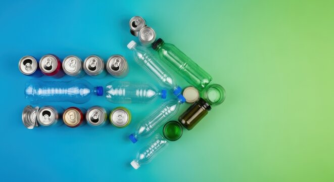 Arrow made of recycled cans and plastic bottles on blue background.