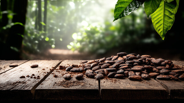 Pile fresh cocoa beans ground rustic wood table sunlit tropical rainforest background close up detailed shot