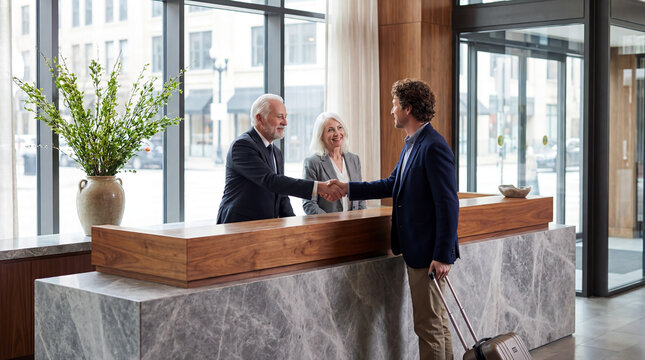 Business traveler greeting hotel staff with handshake