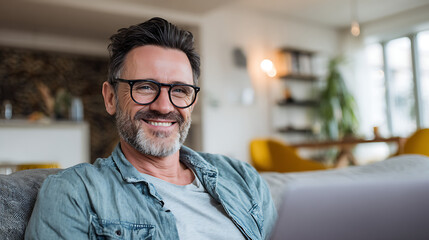 Smiling mature man with glasses working on a laptop at home on a couch