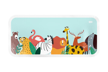 Fototapeta premium Animal kingdom png, cartoon illustration sticker, rectangle with white border in transparent background