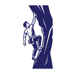 Fototapeta premium man climbing steep rock formation in blue monochromatic illustration style
