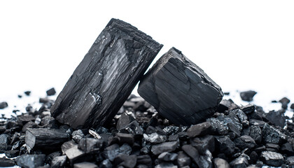 Pile of Black Charcoal Pieces on White Background.