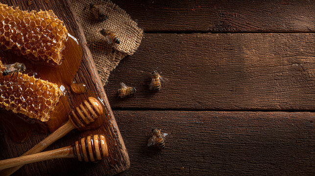 dark rich wooden background honeycomb sweet golden flowing dripped honey dippers healthy organic natural food