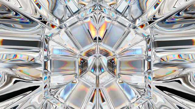 Abstract kaleidoscope of sparkling diamond-like glass patterns rotating in a seamless loop, featuring crystal reflections, geometric symmetry, and shimmering light for lu