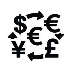 Black currency symbols dollar euro yen pound with arrows on white exchange money