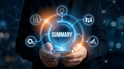 Professional hands interacting with a glowing summary interface displaying business insigh