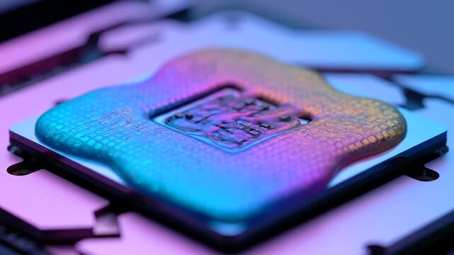 Mesmerizing liquid metal spreads across a high-performance computer processor, highlighting advanced cooling solutions and the intricate design of Network Infrastructure Aesthetics.