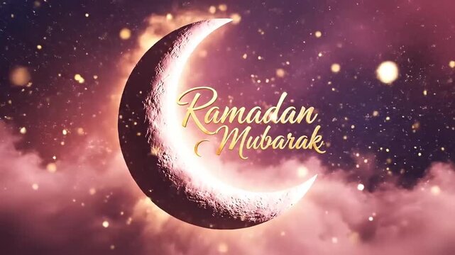 a glowing crescent moon floating in blush pink mist with soft champagne rim light slow drifting particles and cinematic depth of field elegant centered text ramadan mubarak