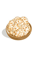 Illustration of A Wood bowl of tempe crackers Indonesian traditional Snack. Tempe crackers issolated on white 