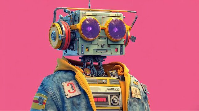 Animation of 3D Retro 90s Rusty Robot Character with Worn Metal Texture and Vintage Design on Pink Background
