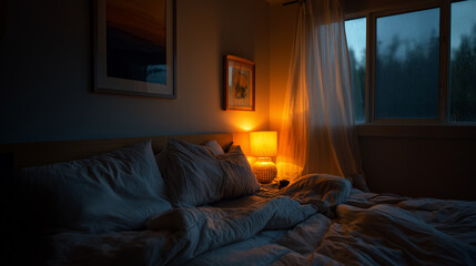 Cozy bedroom at night warm light