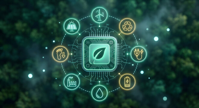 green technology processor chip with glowing neon icons for solar power wind energy recycling carbon footprint reduction and sustainable ecosystem monitoring in forest background