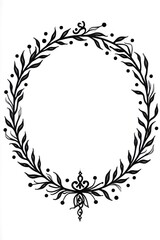 AI Generative. Black and White Elegant Hand-Drawn Laurel Wreath Oval Frame with Decorative Flourishes. 3