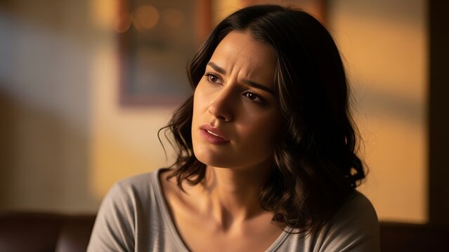 A woman with dark hair and a troubled expression looks off-camera with concern and contemplation