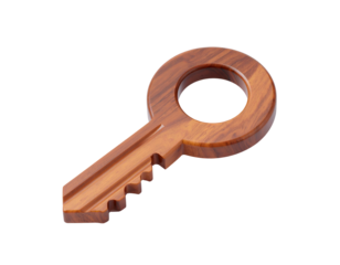 A realistic wooden key against a black background