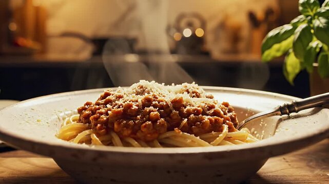 Steaming plate of spaghetti bolognese with fresh herbs and parmesan