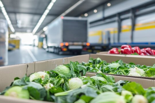 Close-up of boxes filled with fresh vegetables in airport logistics area during produce transport for air travel