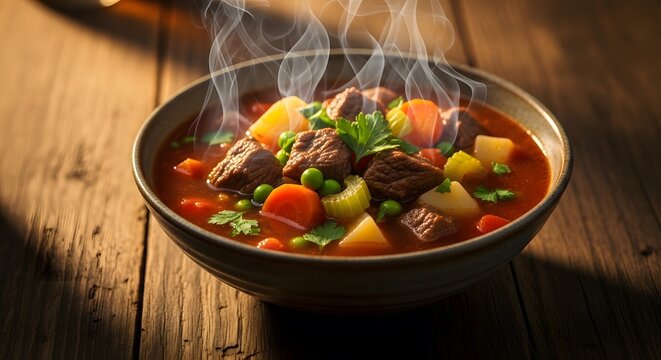 Hearty beef stew with fresh herbs and steaming hot broth