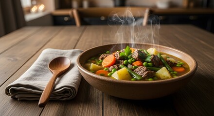 Steaming bowl of hearty beef stew on rustic wooden table