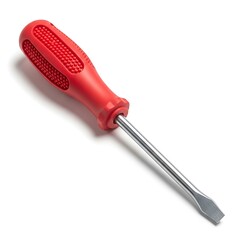 Close-up of a Flathead Screwdriver with Red Handle on White Background.