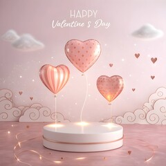 Happy Valentine&rsquo;s Day Romantic Heart Illustration with Love Balloons and Ribbon Banner
