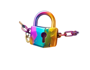 A colorful, broken padlock with a chain on a dark background