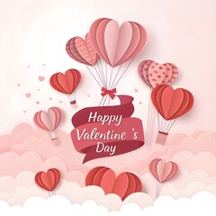 Happy Valentine&rsquo;s Day Romantic Heart Illustration with Love Balloons and Ribbon Banner