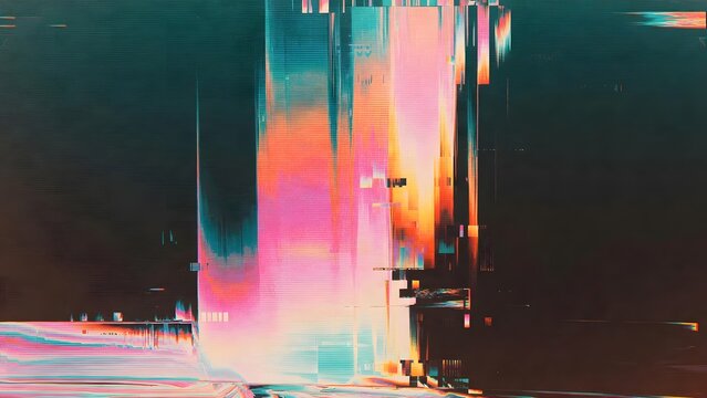 Colorful abstract glitch art with pink, orange, and teal vertical streaks on dark background - Powered by Adobe