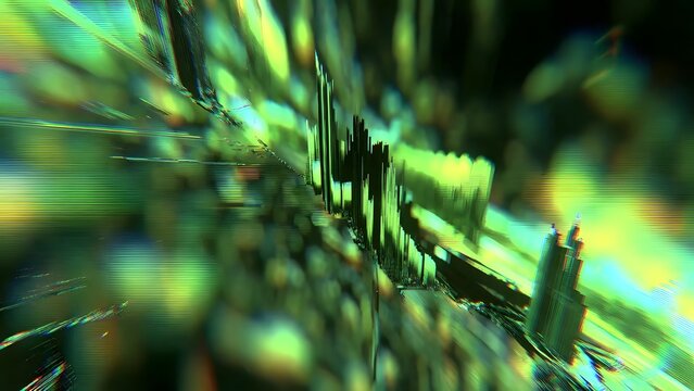 Dynamic 3d green light glitch effect with perspective distortion and glowing particle trails in dark space - Powered by Adobe