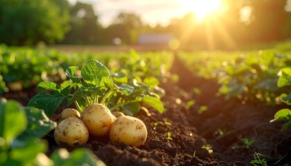 Potatoes freshly harvested in a garden row at sunset with warm sun rays filtering through distant trees