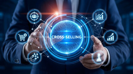 Businessman interacts with a glowing holographic cross selling concept display in a dark h