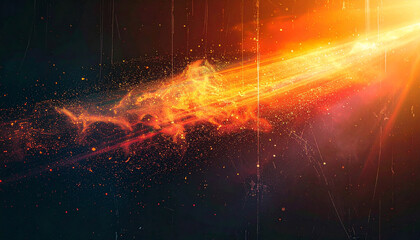 Fiery orange light beam with glowing particles and smoke against a dark scratched textured background