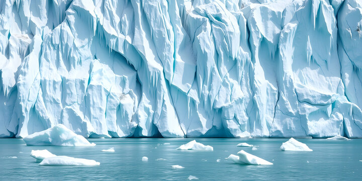 Massive glacier face with floating icebergs in cold water