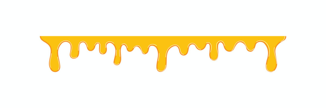 Golden honey dripping vector illustration. Realistic yellow liquid syrup or caramel drips isolated on white background