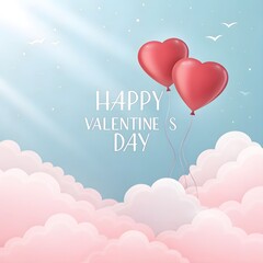 Happy Valentine&rsquo;s Day Romantic Heart Illustration with Love Balloons and Ribbon Banner