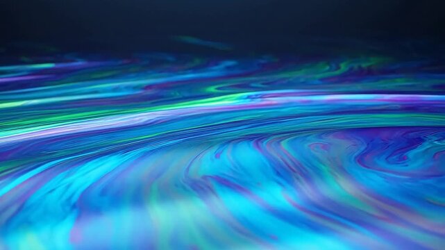 Vibrant abstract swirling patterns of blue and green hues flowing across a dark background, captured from a dynamic viewpoint