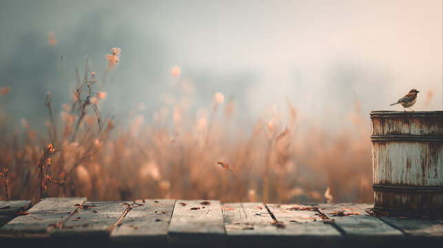 low angle view empty weathered wooden plank platform misty soft diffused background wild tall grass small bird