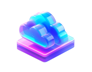 Glowing, 3D rendered cloud icon on a layered platform, dark background