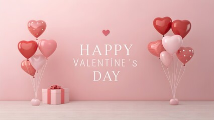 Happy Valentine&rsquo;s Day Romantic Heart Illustration with Love Balloons and Ribbon Banner