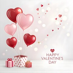 Happy Valentine&rsquo;s Day Romantic Heart Illustration with Love Balloons and Ribbon Banner